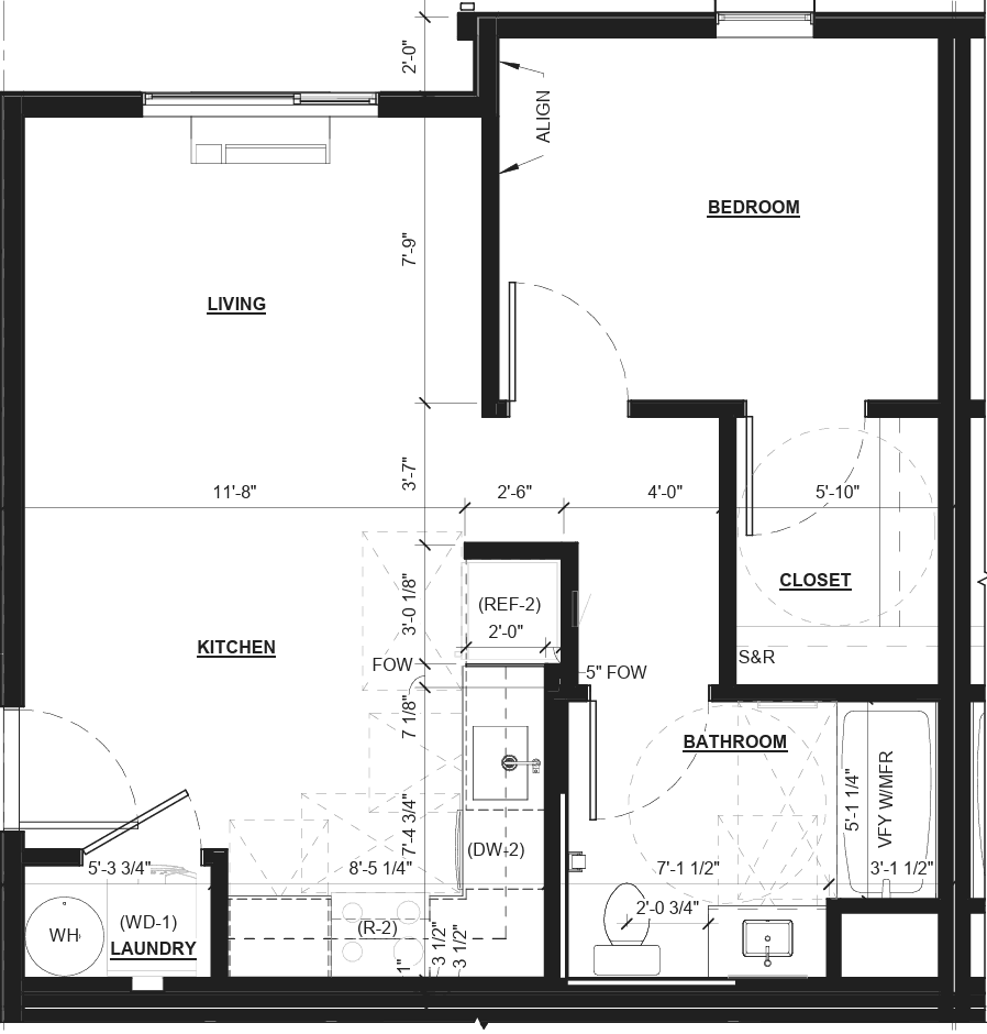 Floor plan drawing of The Pinto: one bedroom, one bathroom, kitchen, laundry and living area.